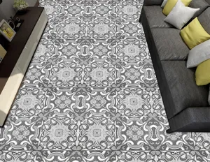 Square anti-slip floor stickers with vintage black and white pattern for living room decor.