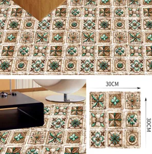 Detailed view of vintage green floral tile stickers, 30x30cm waterproof floor and wall decals.