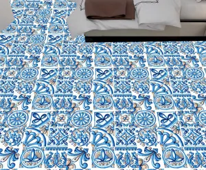Blue and white ceramic tile floor sticker, non-slip waterproof decorative wall wallpaper.