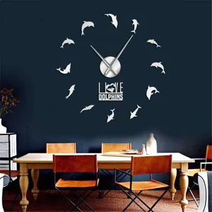 Acrylic dolphin wall clock detail showing creative DIY mirror stickers mounted on dark wall.