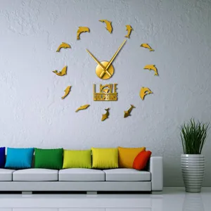 Acrylic mirror wall clock DIY dolphin design gold large clock for living room decor