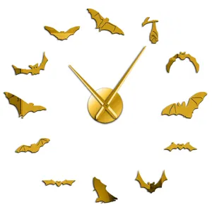 Reloj de pared 3D de murciélago acrílico dorado, reloj espejo DIY para sala de estar.