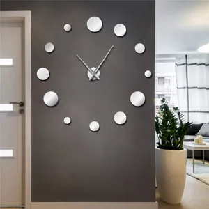 Modern 3D acrylic mirror wall clock with round dot markers for living room home interior decor.