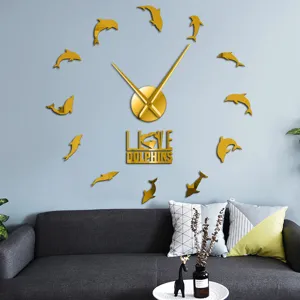 Golden acrylic dolphin wall clock detail shot, modern living room decor quartz timepiece.