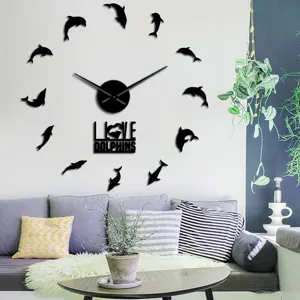 Large DIY Acrylic Mirror Wall Clock Modern Design Dolphin Wall Sticker Clock For Living Room Home Decoration