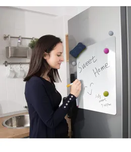 Magnetic whiteboard sticker for fridge, message memo board with colorful magnets and eraser.