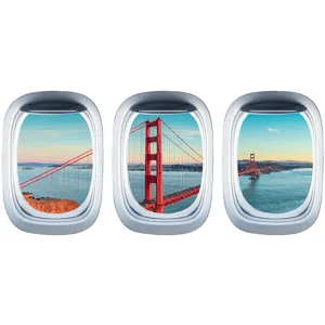 Vista dettagliata dell'adesivo murale oblò aereo in tre pezzi con paesaggio del Golden Gate.