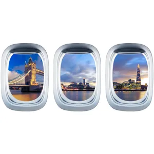 Dettagli degli adesivi murali a oblò d'aereo in tre pezzi con paesaggi di Londra.