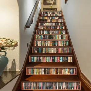 3D bookshelf stair sticker detail showing realistic book spine patterns for home decoration.
