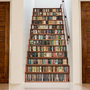 3D bookshelf stair stickers waterproof removable wallpaper for home DIY stairway decor.