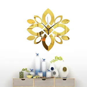 Modern gold acrylic mirror wall clock, creative petal design for living room home decor.