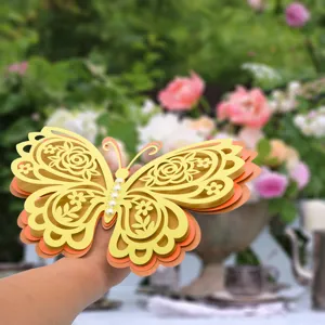 3D layered hollow butterfly wall sticker with pearls, elegant floral design for party decor.