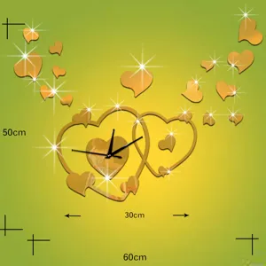 Heart shaped acrylic mirror wall clock DIY decorative quartz clock for bedroom decor