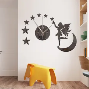 Detail view of DIY acrylic mirror wall clock featuring fairy and moon, perfect living room decor.