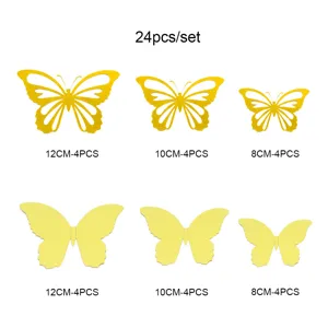 24 pz adesivi murali a farfalla 3D, decalcomanie decorative gialle cave e piene per feste.