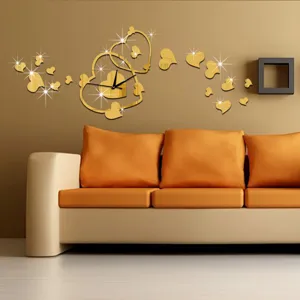 DIY acrylic mirror wall clock modern 3D heart design quartz clock for living room bedroom decor
