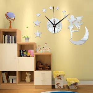 Acrylic mirror wall clock DIY sticker fairy moon and stars for living room home decor