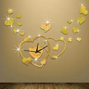 Heart-shaped acrylic mirror wall clock DIY decorative quartz clock for bedroom background wall.