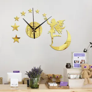 Acrylic Mirror Wall Clock 3D Fairy Moon Star Design Gold Decorative Clock for Home Decor