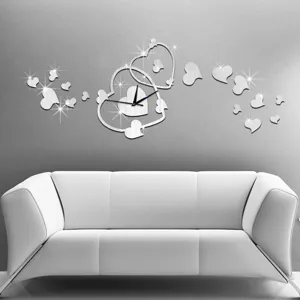 Heart Shaped Acrylic Mirror Wall Clock DIY 3D Quartz Clock Modern Decorative Wall Sticker For Bedroom Home Decor