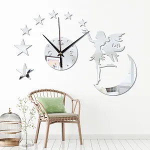 Acrylic mirror wall clock 3D fairy moon stars DIY sticker clock for living room decor