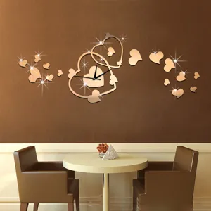 Acrylic heart mirror wall clock diy decorative quartz clock for living room bedroom home decor