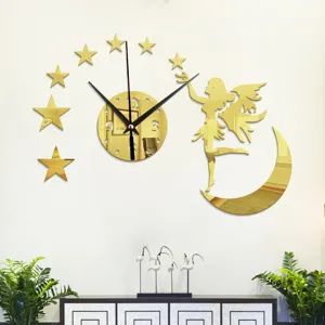 Acrylic mirror wall clock with flower fairy, moon and stars design for modern home decor.