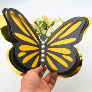 3D multi-layer hollow butterfly wall sticker with pearls and gold glitter for home decor