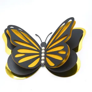 3D hollow butterfly wall sticker, black and gold four-layer pearl wedding party home decor.
