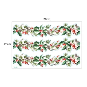 Close-up detail of Christmas holly pine vine wall sticker, watercolor holiday decor sheet.