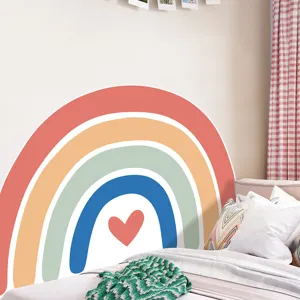 Boho rainbow wall sticker detail view, large semicircular colorful wall decal for bedroom decor.