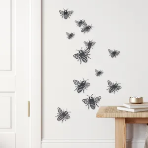 3D hollow bee wall stickers set, black metal simulation bee decor for home and party.