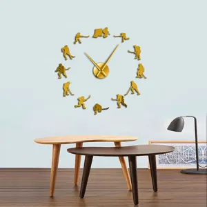 Gold hockey player acrylic wall clock DIY mirror wall sticker clock for room decor.