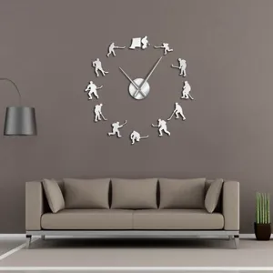 Modern DIY acrylic mirror wall clock with hockey player silhouettes for living room decor.