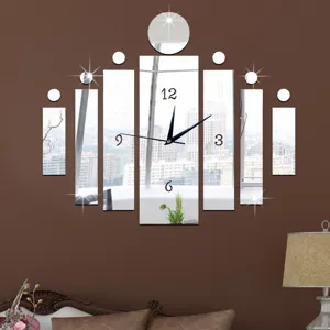 Modern 3D acrylic mirror wall clock sticker set for living room and bedroom decor.