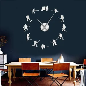 Modern 3D acrylic hockey wall clock with sports player silhouettes for stylish living room decor.