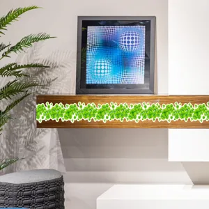 Shamrock wall sticker detail showing the green clover waistline decal applied on home wood shelf decor.