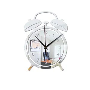 Creative acrylic mirror wall clock, DIY alarm clock shape sticker for living room decor.