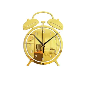 Gold mirror acrylic wall clock, creative alarm clock shape design for living room bedroom.