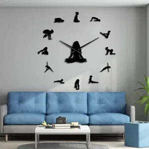 Acrylic yoga wall clock displayed in modern living room scene, creative DIY fitness decor.