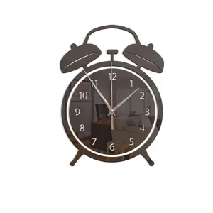 Creative mirror acrylic wall clock with alarm clock shape for bedroom and living room decor.