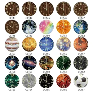 Detailed view of luminous wall clock variants featuring wood grain and planetary galaxy styles.