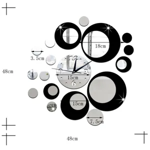 Details of DIY acrylic mirror wall clock with multiple circles and dimension markers clearly.