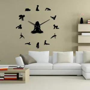 Yoga fitness acrylic 3d mirror wall clock yoga pose silhouette large wall clock for decor