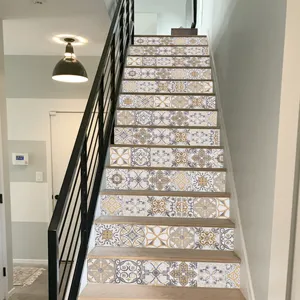 Detailed view of 3D geometric tile stair stickers, waterproof and removable DIY decor.