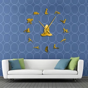 Oversized yoga fitness acrylic 3D mirror wall clock, DIY home decor living room timepiece.