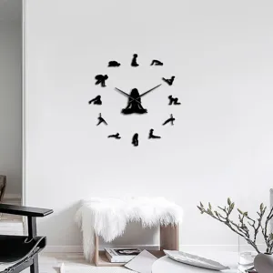 Modern 3D acrylic yoga pose wall clock black DIY mirror clock for living room decor