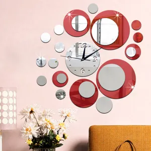 Close-up detail of DIY circle acrylic mirror wall clock, modern art silent wall decor.