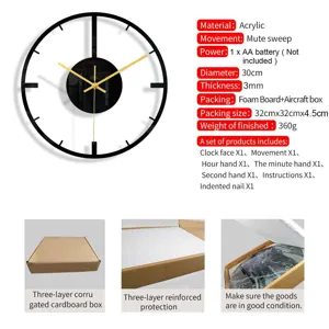 Acrylic wall clock detail showing silent sweep movement, minimalist design and 30cm size.