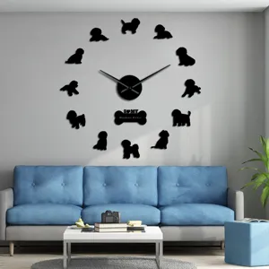 Acrylic Bichon Frise dog wall clock DIY mirror surface large living room decor timepiece.